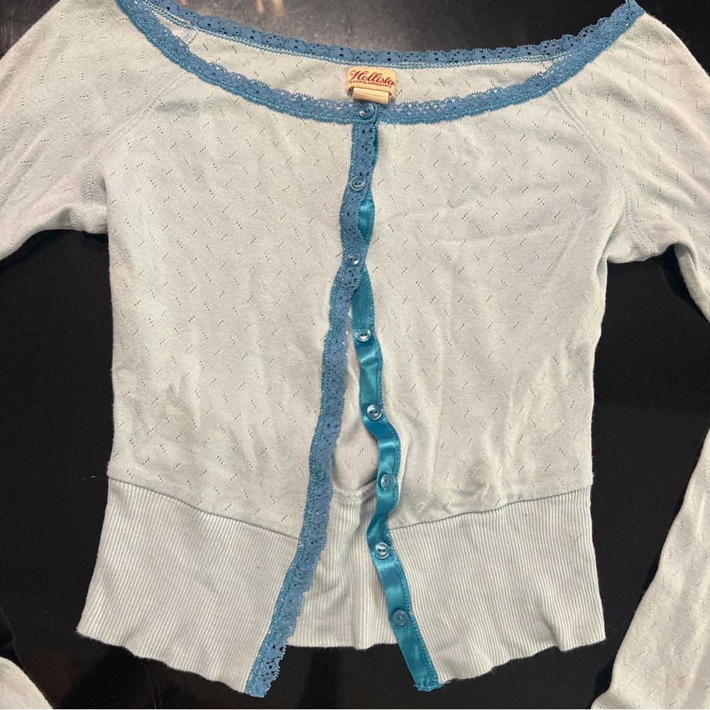 Rare Vintage y2k Hollister Blue Lace-Trim Cardigan top size small - Picture 2 of 9